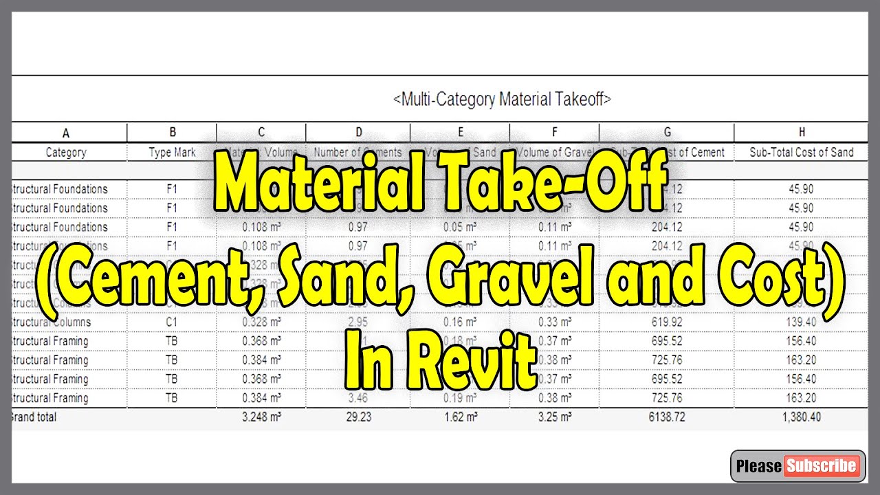 Material TakeOff (Cement, Sand, Gravel and Cost) in Revit