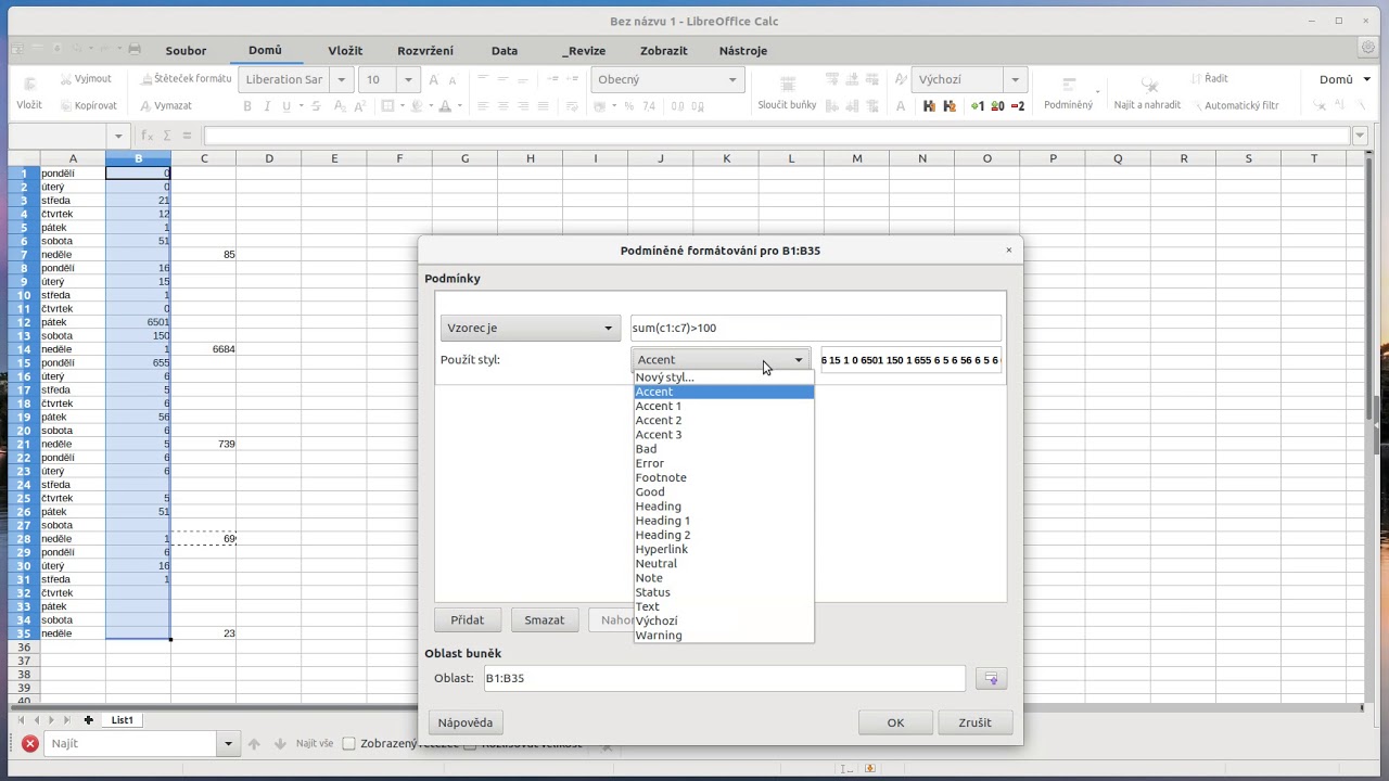 Podmíněné formátování s využitím vzorce - LibreOffice Calc (alias Excel)