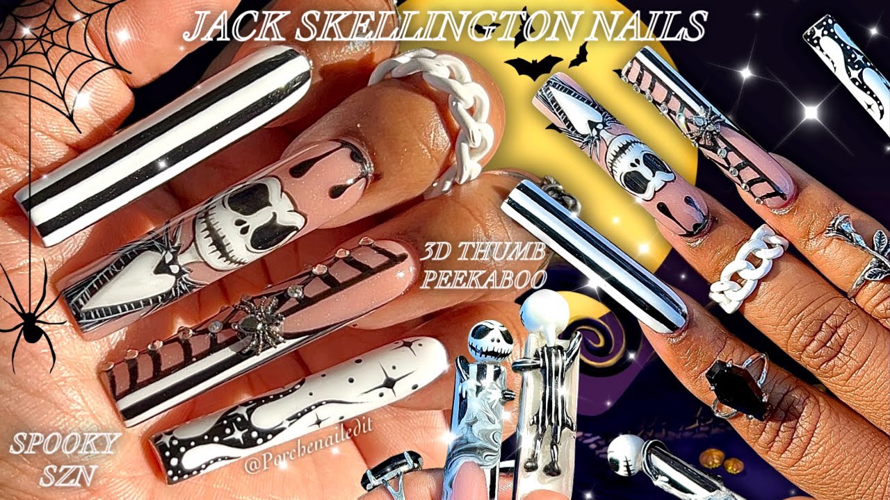 🖤🤍✨ JACK SKELLINGTON NAILS 💀 HOW TO: HAND PAINTED & 3D SCULPTED MINIATURE JACK DESIGN 👀🔥 
