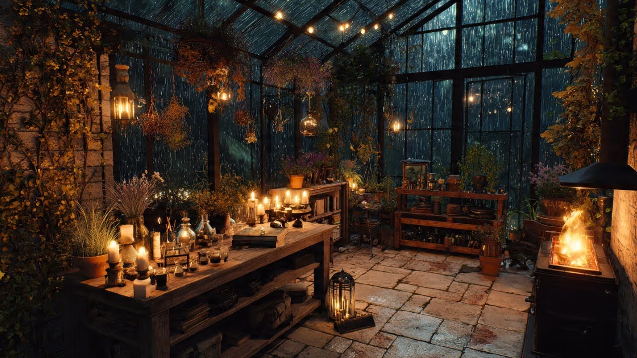 Cozy Greenhouse Ambience 🌧️🔥 Rain Sounds & Soft Fireplace | Relax, Study, Sleep