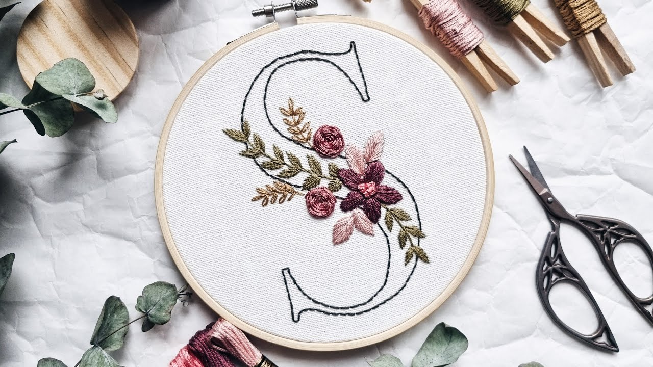 Alphabet Embroidery pattern | Letter S | Flower embroidery | Embroidery for beginners