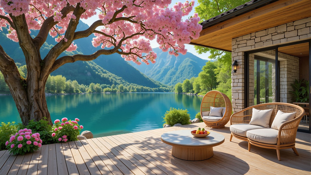 Spring Piano Music & Birdsong 🌸 Relaxing Lakeside Porch Ambience for Study, Sleep & Focus