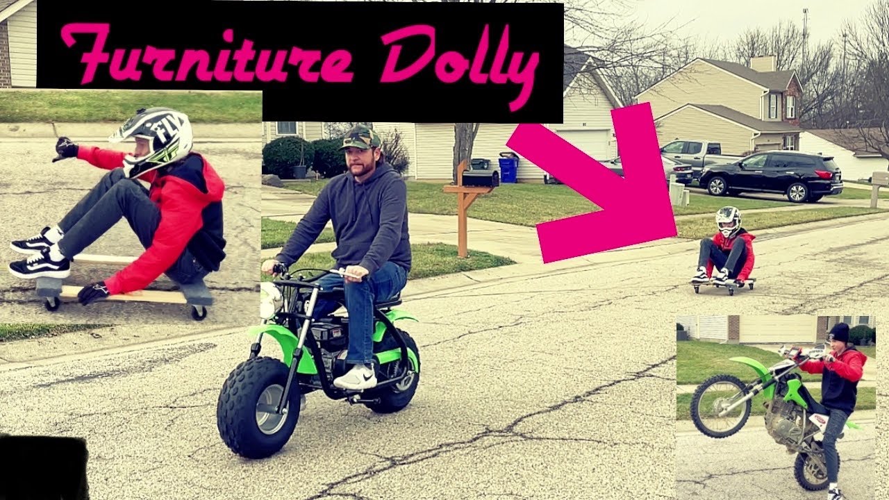 Wheelie practice and Riding a Furniture cart behind a Coleman mini bike