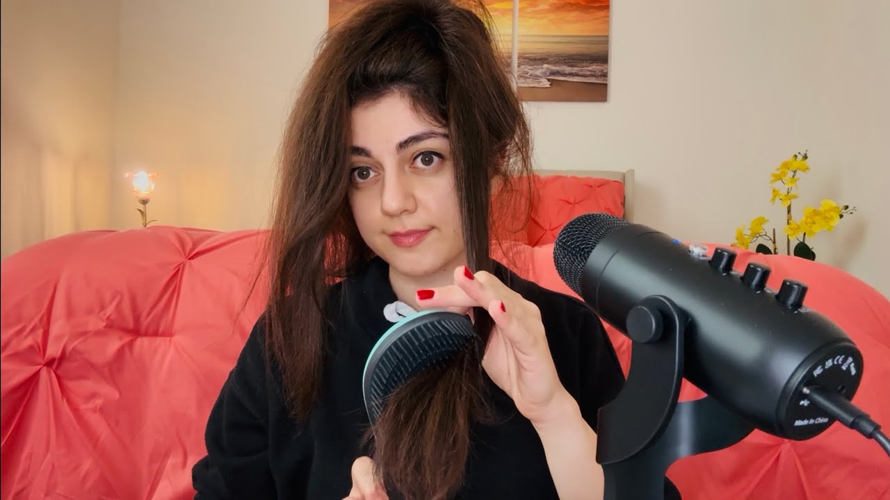 ASMR ponytail hair brushing and combing with long, straightened and thick hair :)