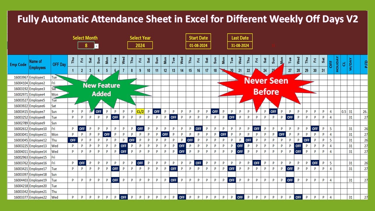Fully Automatic Attendance Sheet In Excel For Different Weekly OffDays V2