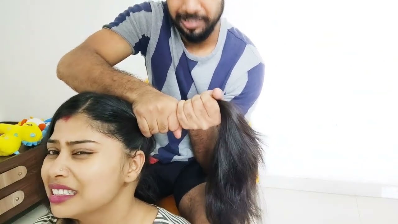 Twin braid, twin bun, twin ponytail, hair pulling with husband| 