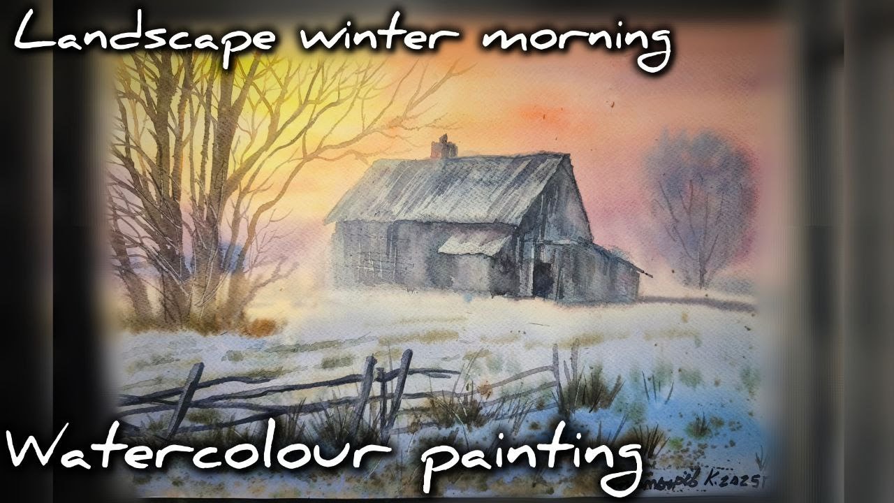 Winter morning in watercolor painting