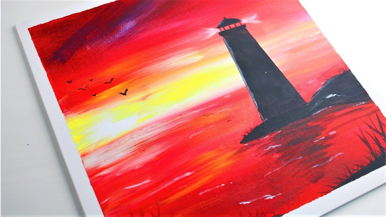 easy painting for beginners | lighthouse sunset scenery | Daily Art 416