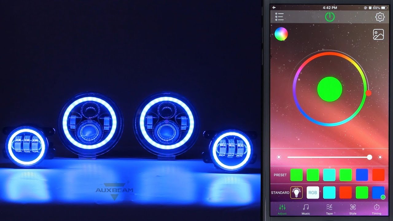 Auxbeam Bluetooth Control RGB 7 Inch LED Headlights&4 Inch LED Fog Light Combo for Jeep Wrangler JK