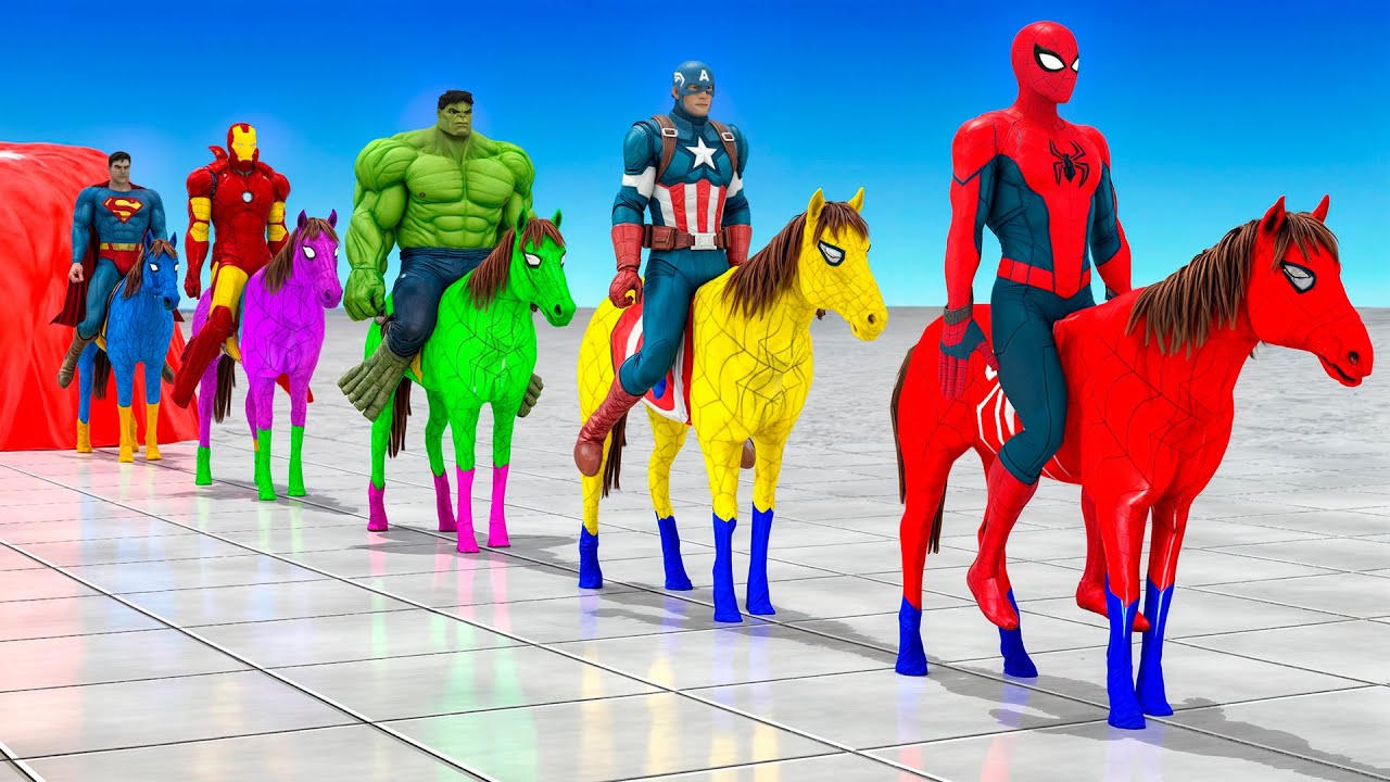 Red Horse Spiderman Crossing On Rainbow Spiders Bridge With Horse Vs Spider-Shark Rescue Animal Game