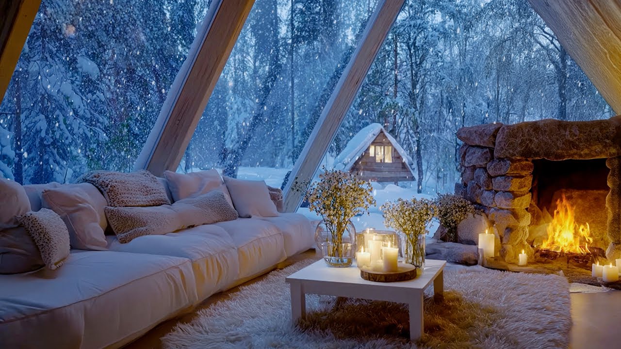 🔥Calm Piano and Fire Crackling ❄️  Snowy Evening Ambience | 2 Hours for Relax Calm Healing Focus