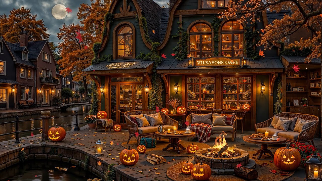 Halloween Ambience at Cozy Fall Coffee Shop Vibes 🎃 Warm & Relaxing Jazz Music for Night Halloween