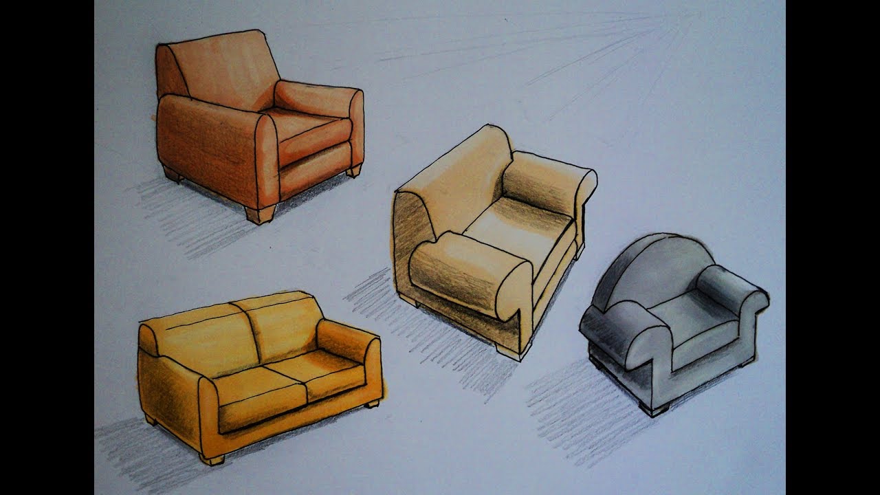 How to draw - Two point perspective - coloured furniture, sofa, armchair
