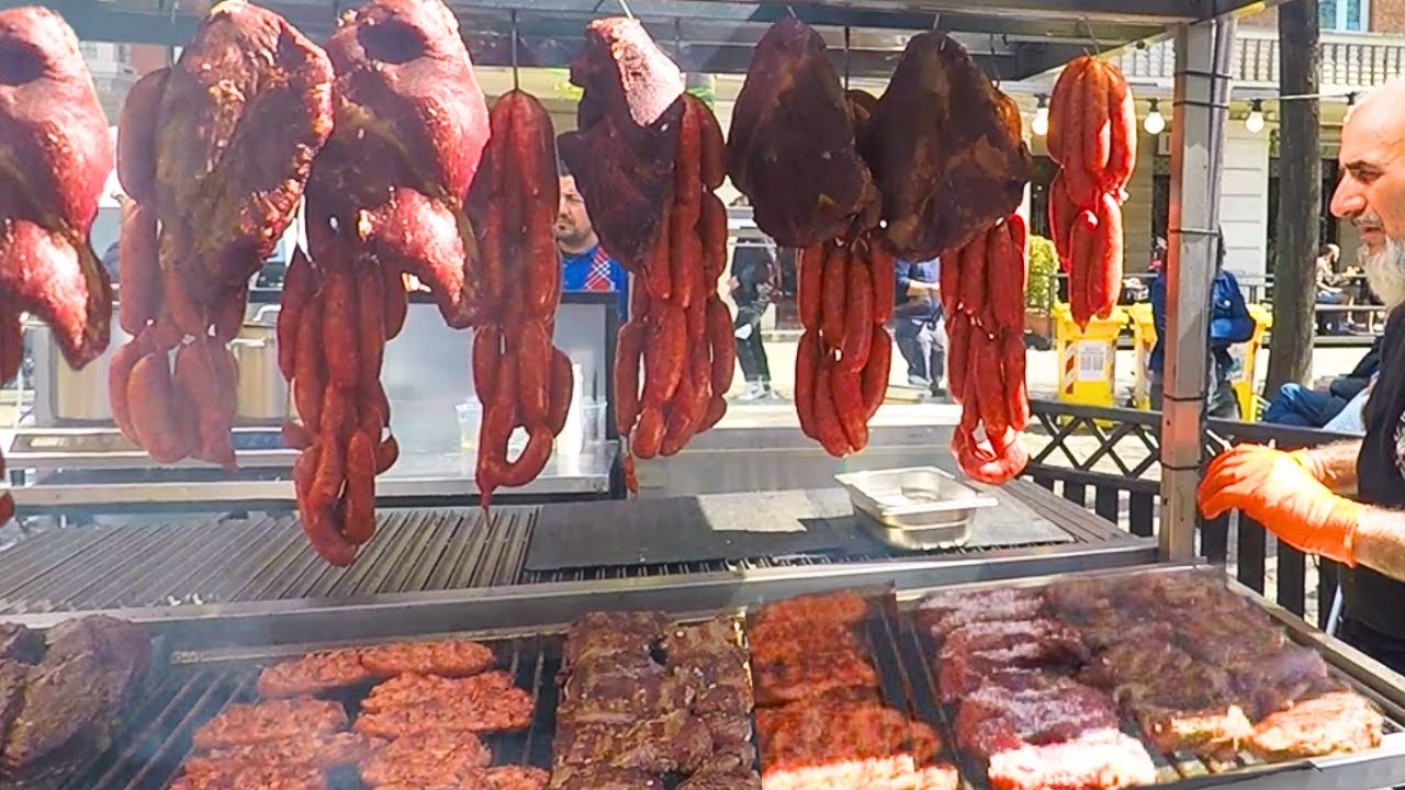 Irish Street Food. Huge Blocks of Angus & XXL Sausages Roasted on Grill