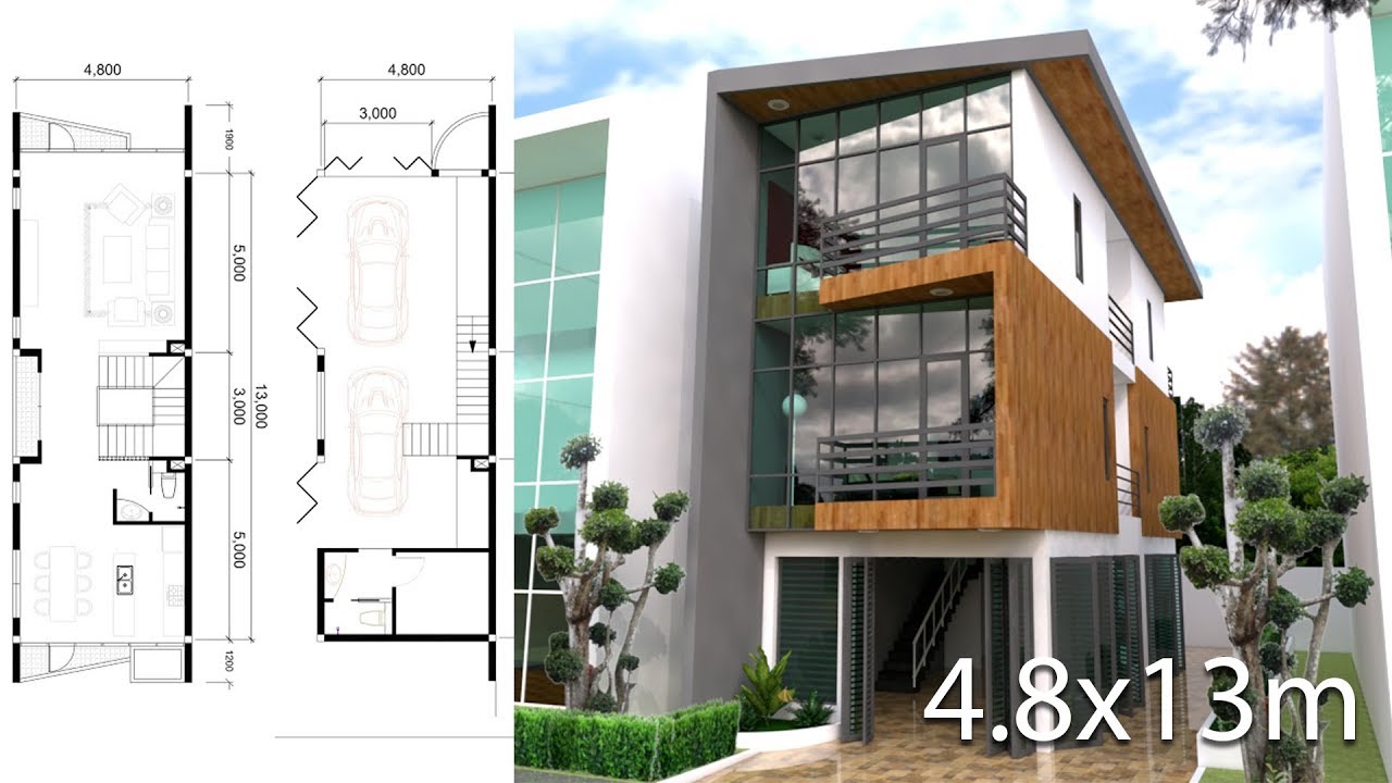 Sketchup Modeling 3 stories Narrow House design size 4.8x13m 4 Bedrooms Plan