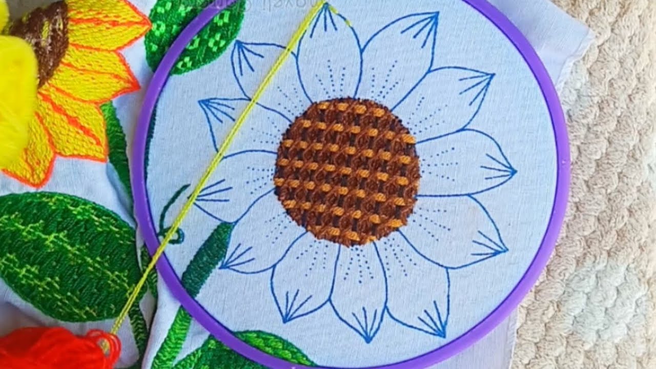 puntada fantasía para girasol#6 idea muy fácil para bordar hojas y frutas también