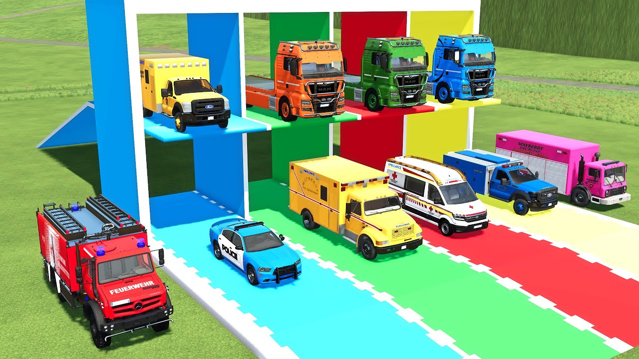 TRANSPORTING POLICE CARS, AMBULANCE, FIRE DEPARTEMENT, FIRE TRUCK TO GARAGE | FS22 SIMULATOR 22