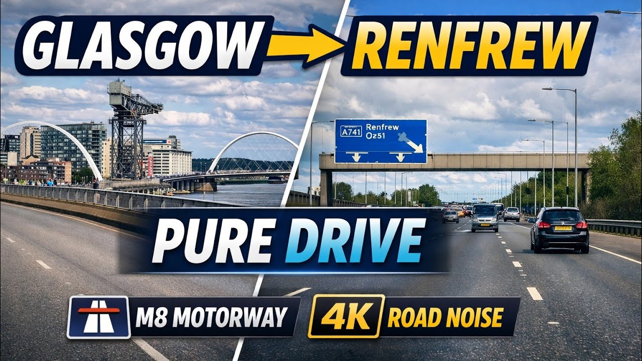 Glasgow City Centre to Renfrew Town Centre 🚗 | M8 Motorway Drive (Pure Road Noise, 4K)
