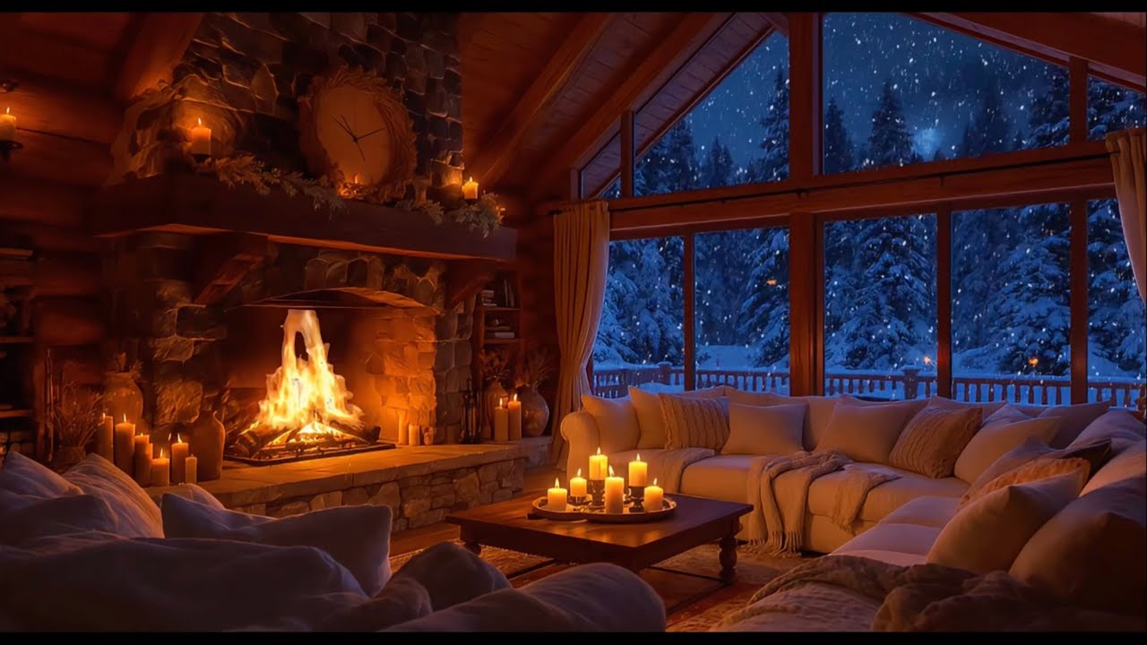 Cozy Winter Living Room Ambience ❄️ Fireplace Crackling & Gentle Snow with Soothing Piano Music