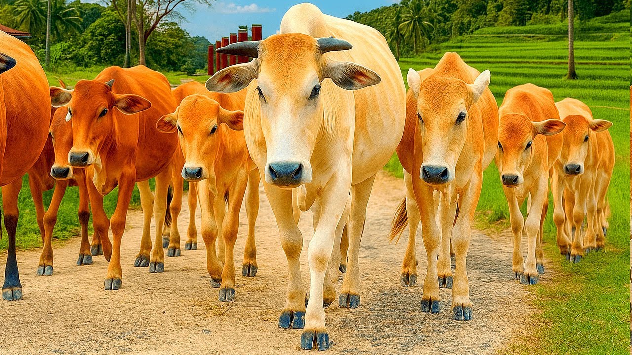 Gembala Kerumunan Sapi Lucu Yang berlari dan melompat Di ladang hijau, Suara Sapi Moo, Sapi merumput