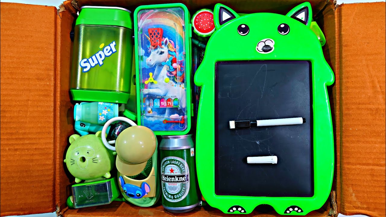 Unboxing Classic Green Stationery Items, Pencil box, Sipper bottle, Writing Board, Desk Lamp, Eraser