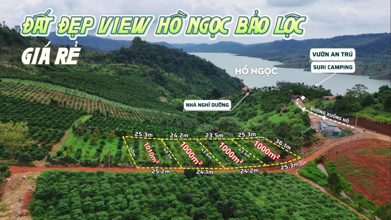 Đất đẹp view Hồ Ngọc Bảo Lộc, Lâm Đồng giá tốt, QH thổ cư, 1000m² (25m x 40m) chỉ 1.9 tỷ/Lô, có 4 lô