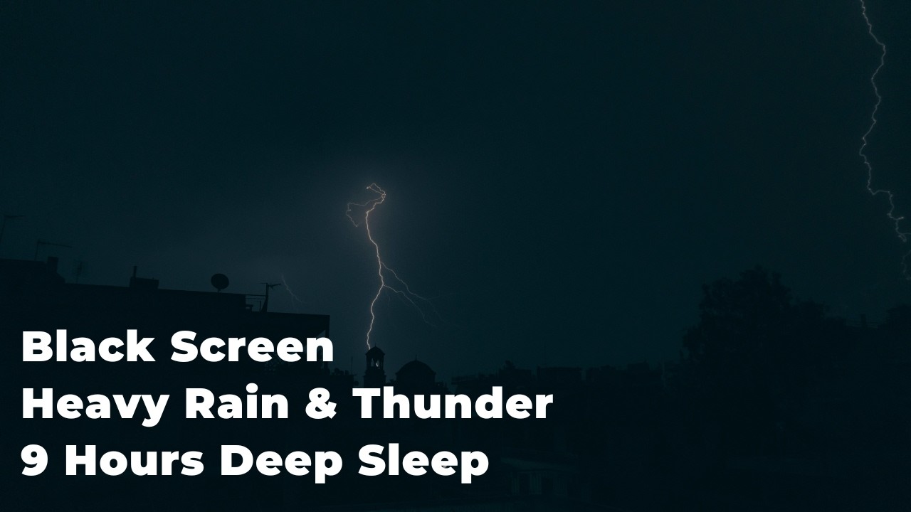 9 Hours Black Screen Heavy Rain with Thunder 🌧️ Dark Screen Thunderstorm for Relaxation & Focus