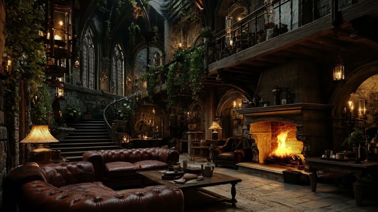 Freezing Rain and Fireplace Sounds Inside a Medieval Stone Castle Room for Calm Sleep