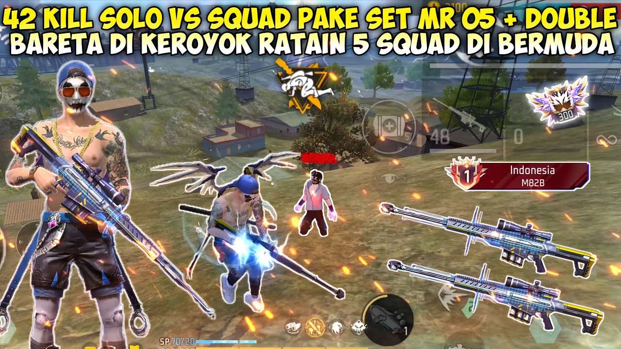42 KILL SOLO VS SQUAD PAKE SET MR05+ DOUBLE BARETA!! DI KEROYOK  5 SQUAD DI BERMUDA!!