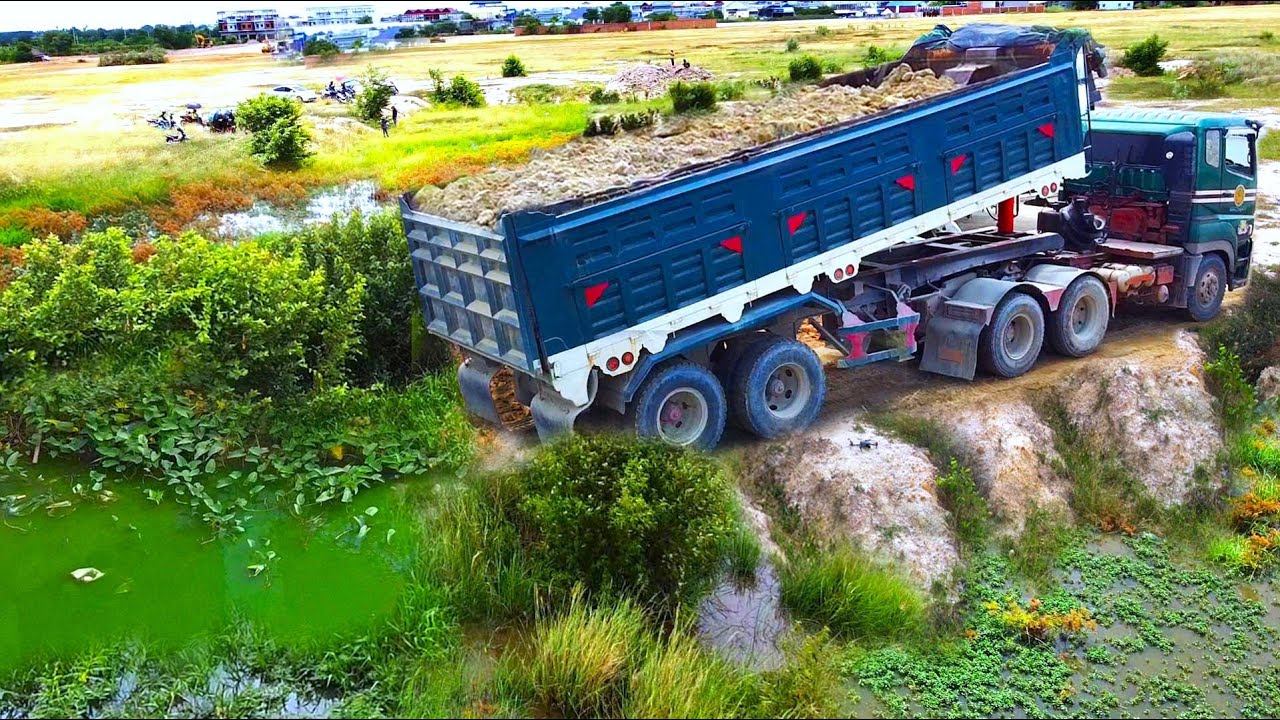 First Start Amazing PROJECT!! LANDFILL Damaged Road In Flooded Area Use Strong Dozer & 55Ton Truck.