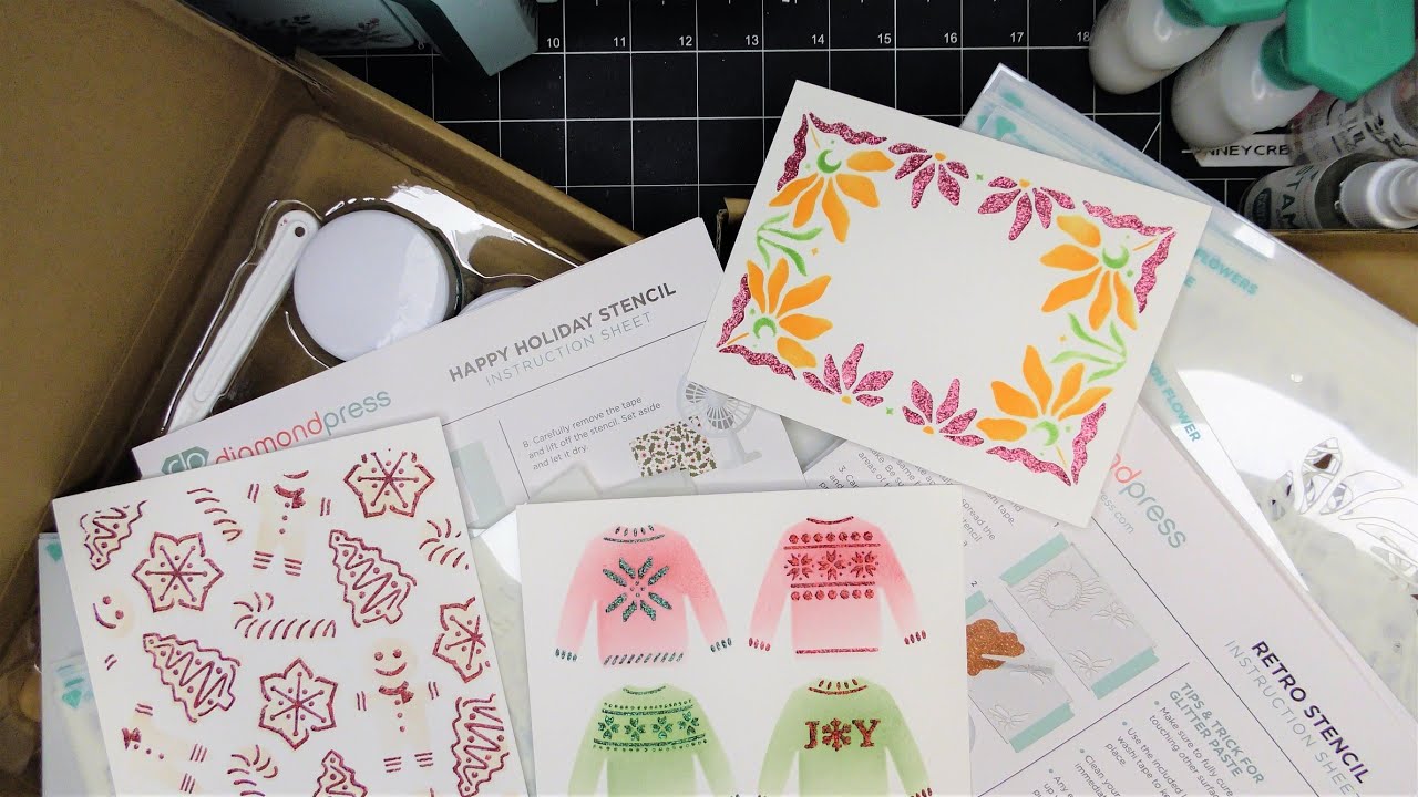 Diamond Press "Retro" & "Christmas" Stencil and Glitter Sets Review Tutorial! Such Great Designs!