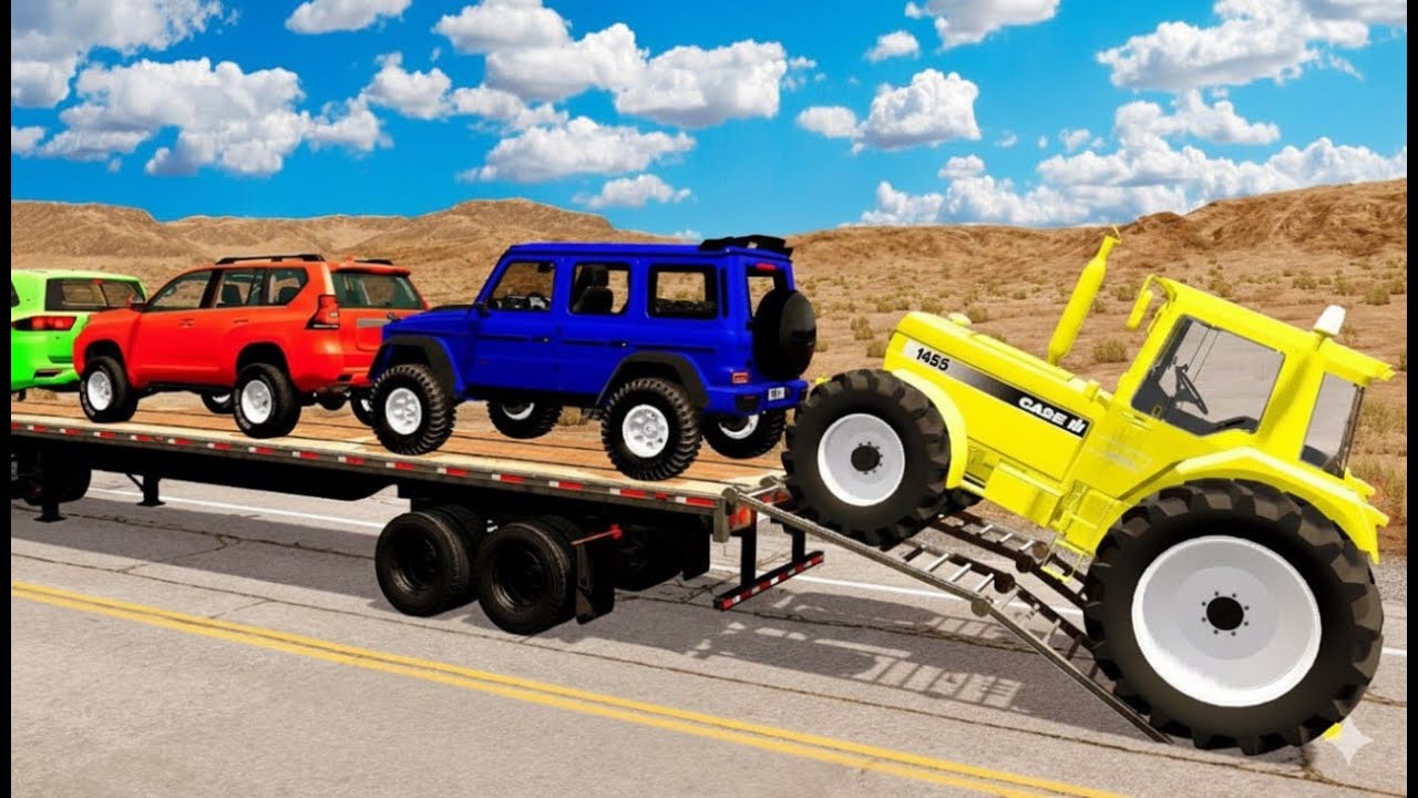 TRANSPORTING PIXAR CARS & FRUITS WITH COLORED & JOHN DEERE vs CLAAS vs TRACTORS - BeamNG.drive #983