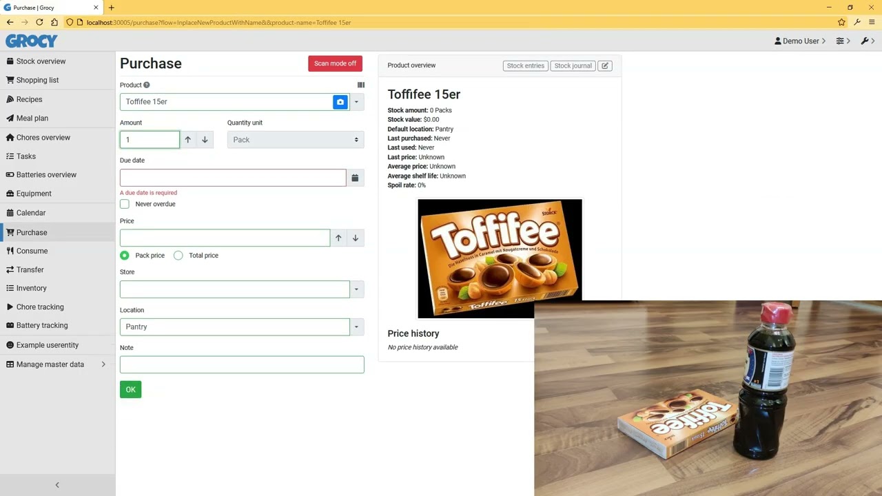 Grocy (Home ERP): Quickly add new products (Barcode Laser Scanner + Open Food Facts Lookup)