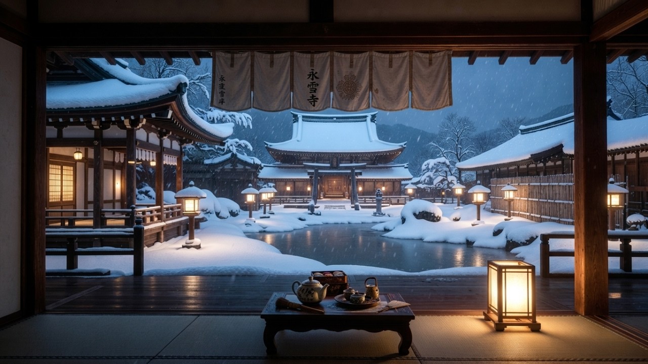 4 Hours Japanese Temple Snowstorm ⛩️ Zen Winter Ambience #ambientworlds #relaxingsounds