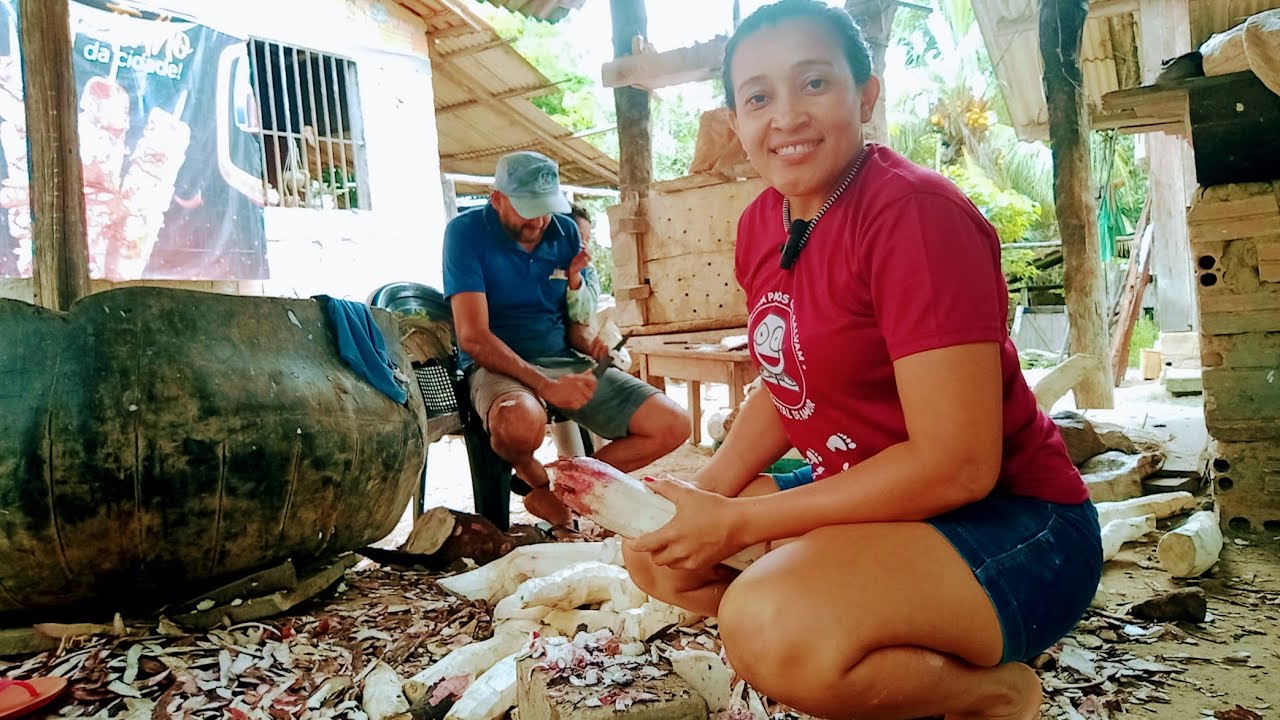 Todos nós trabalhamos na casa de farinha, descascando mandioca #interiordopará