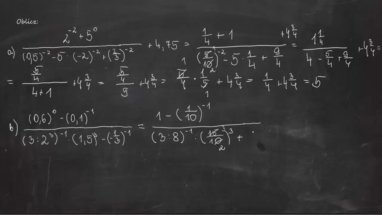 2.81 Oblicz: a) 2^-2 * 5^0/ (0,5)^-2 - 5*(-2)^-2 + (2/3)^-2 + 4,75