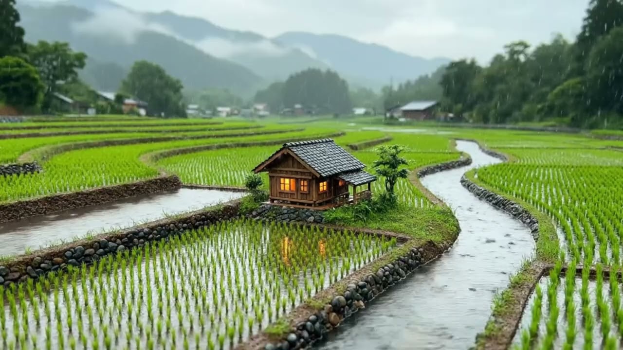 Cozy Cabin in the Rain🌧️ Relaxing Nature Sounds, Rice Fields & Mountain Ambience for Sleep & Study