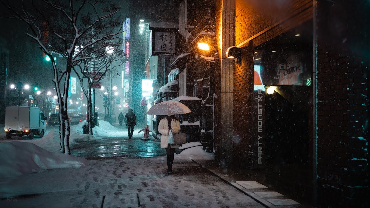 Winter night walks in Sapporo, Japan [Long takes, ambient city sounds]