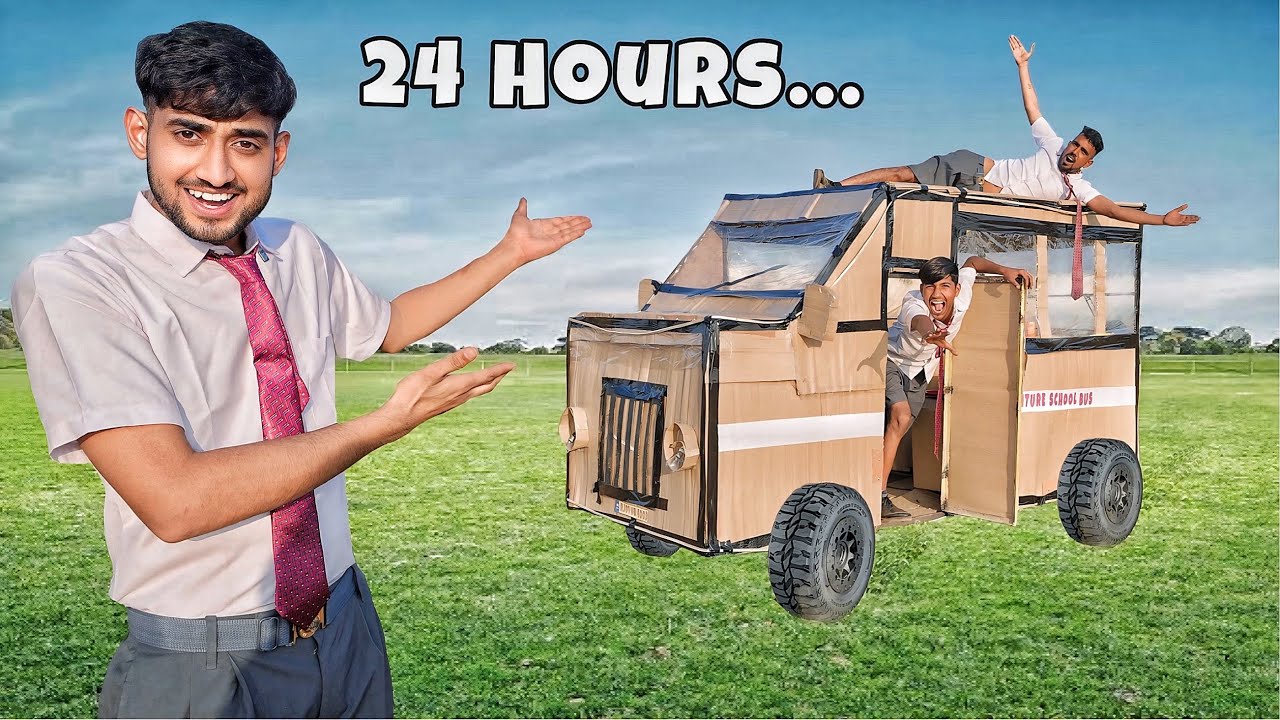 24 hours survival challenge in cardboard bus