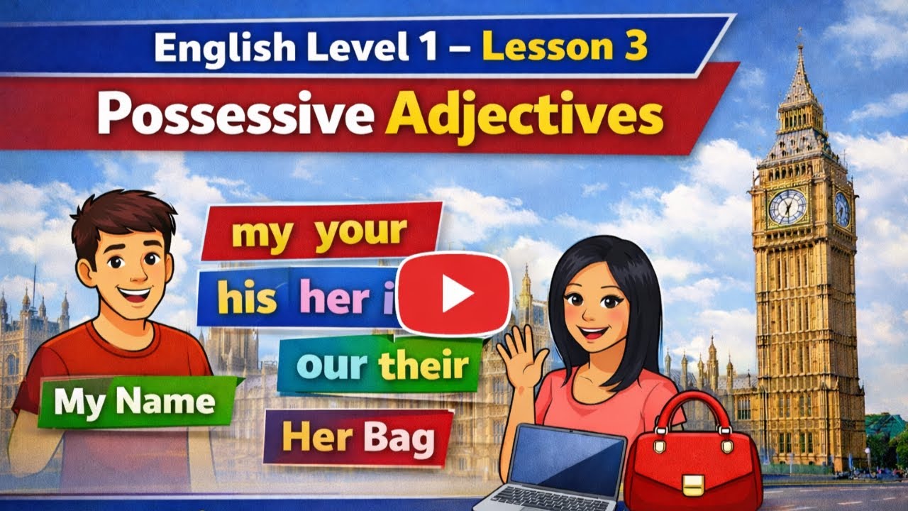 English Level 1 – Lesson 3: Possessive Adjectives (My, Your, His, Her) | Arabic شرح