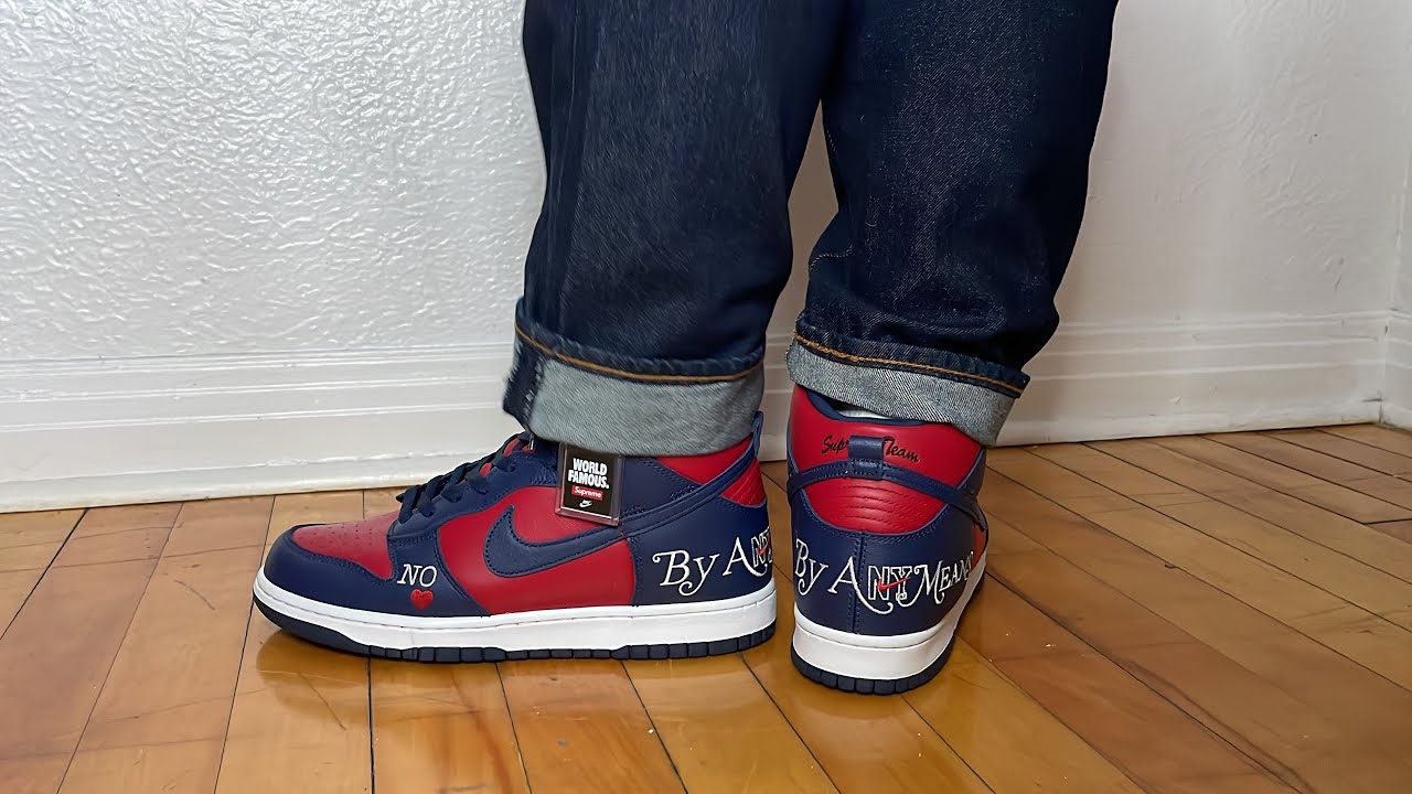 Supreme SS22 Week 2 Unboxing!! Nike SB Dunk High &lsquo;By Any Means&rsquo; Navy Red + On Feet!
