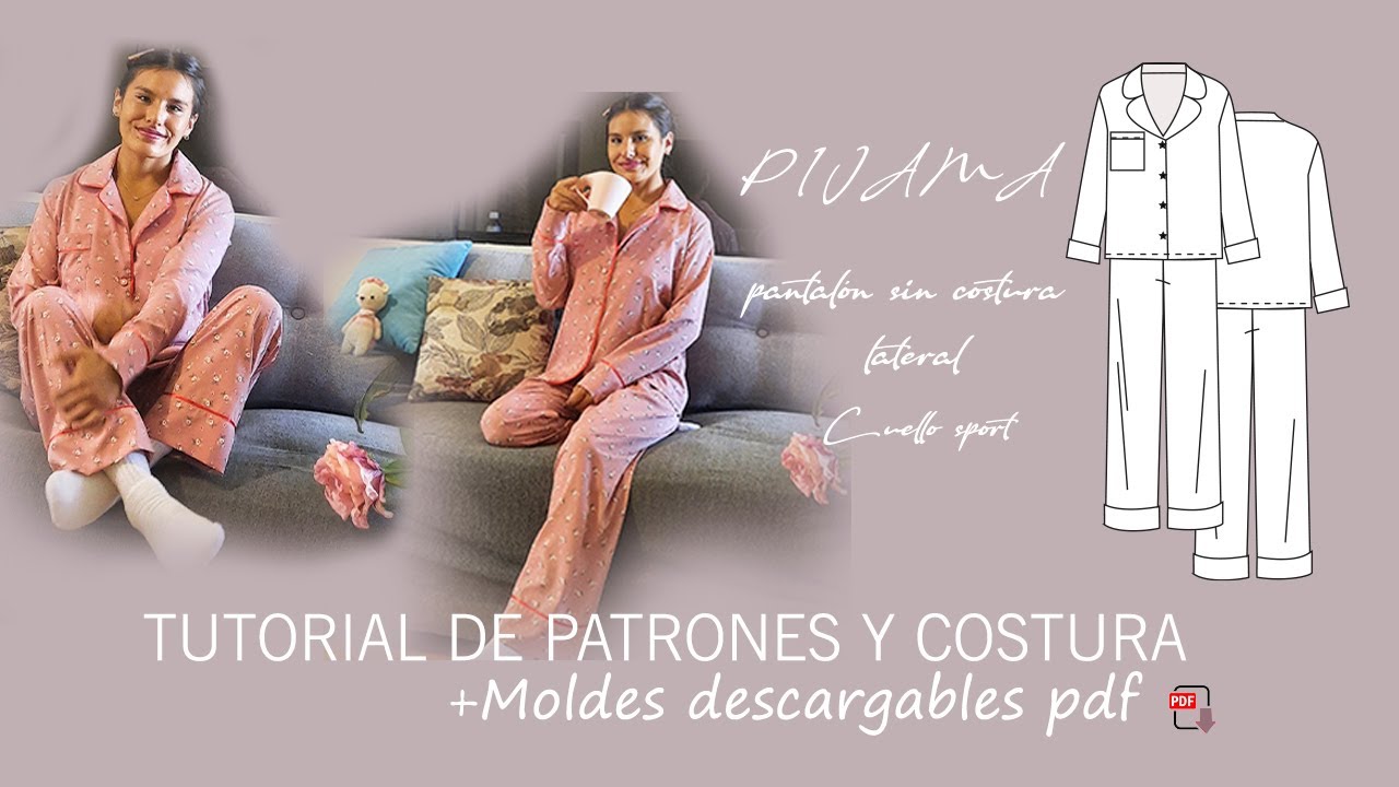 PIJAMA CUELLO SPORT/ PANTALÓN SIN COSTURA LATERAL/Completo /Fácil de hacer/Confección
