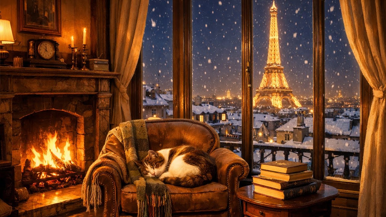 it's 1950s paris night and you're listening to vintage jazz music on a room | fireplace sounds