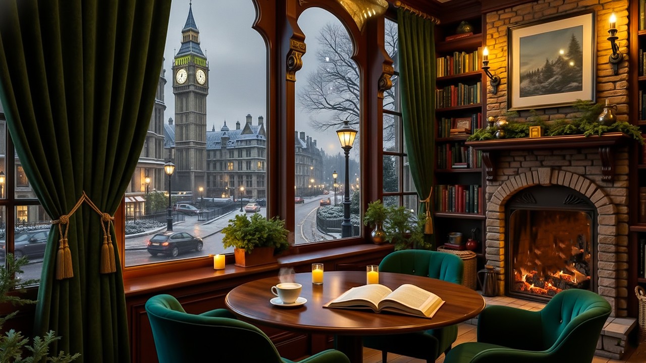 Beautiful Winter Café with Falling Snow ~ Gentle Jazz Piano Space, Fireplace Sounds For Relax, Work
