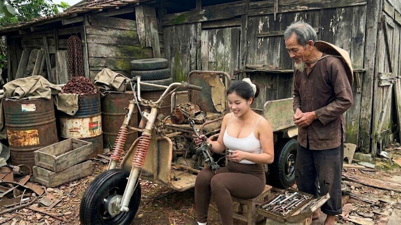 The girl restored her farmer uncle's old, abandoned three-wheeled vehicle after 10 years