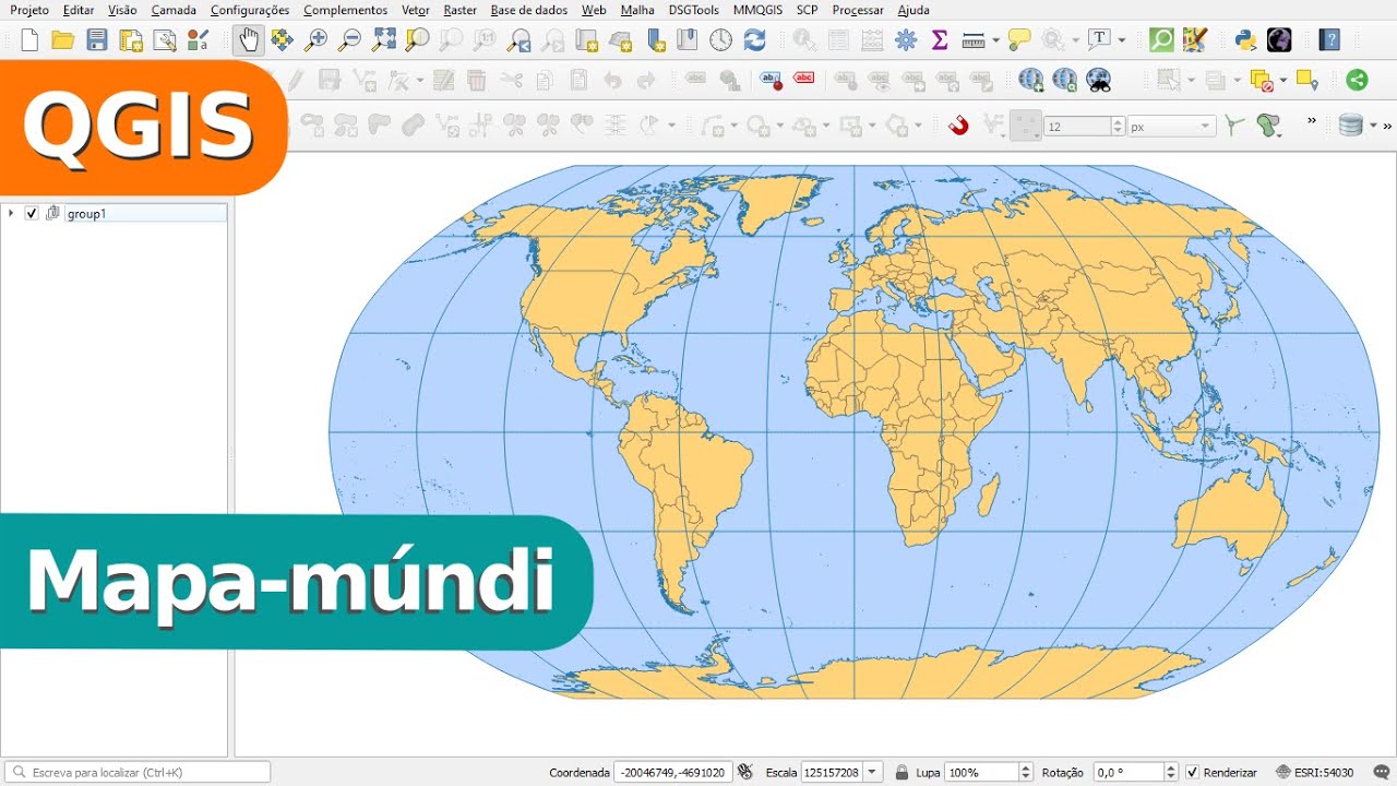 Mapa-múndi na projeção de Robinson no QGIS