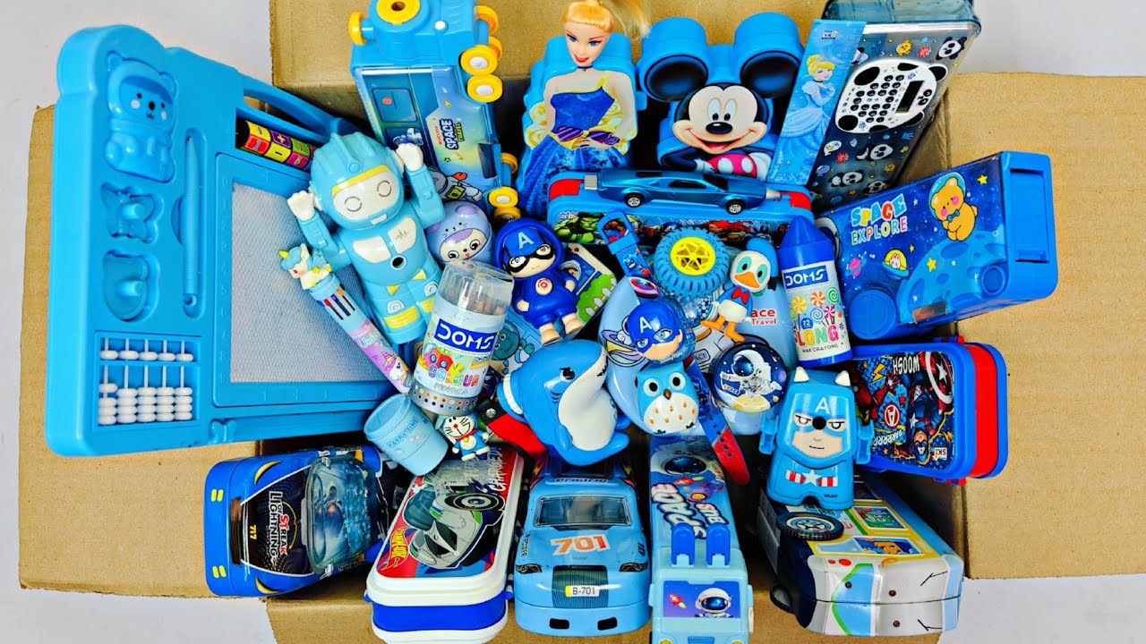 Ultimate blue stationery items - calculator pencil box, scale, robot Pencil sharpener, eraser, pens