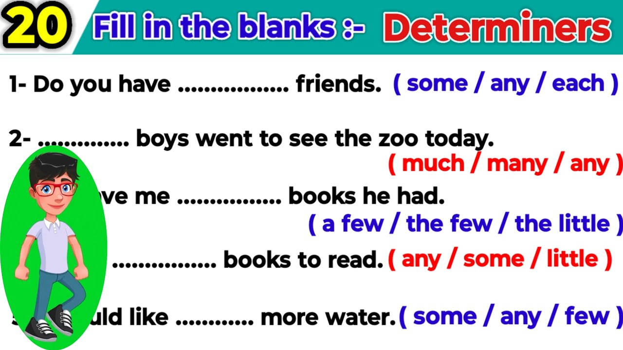 Determiners practice set| determiner excercise in English| use of some , little, any, few ..etc