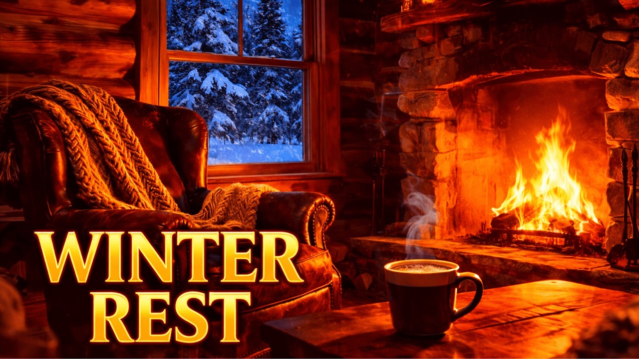 Warm Cabin During Snowfall 🔥 Calm Piano & Crackling Fire for Rest