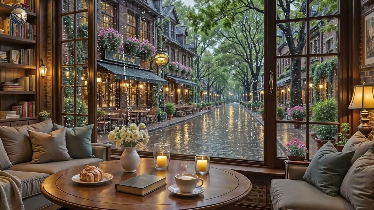 Cozy Rainy Street Cafe Jazz | Soft Piano Jazz with Warm Bookstore Ambience for Study & Work